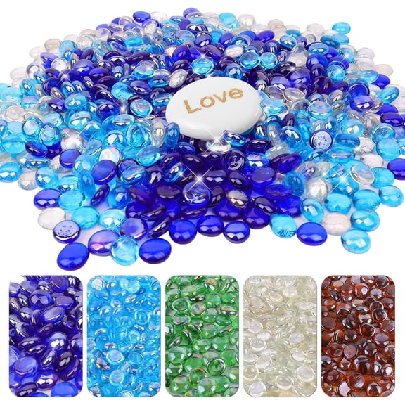 20Ib Fire Glass Beads for Fire Pit - 0.6"- 0.7" Firepit Glass Rocks for Natural,Propane or Gas Fireplace, Decorative Flat Glass Marbles for Vase, Aquarium, Home Decor (BlueMixed)