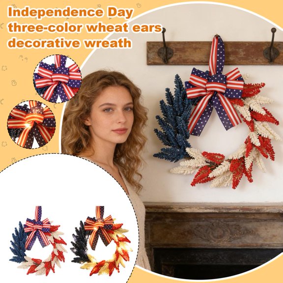 20In 3D Wreath, Vibrant Three-Color Wheat Ear Wreath With Patriotic Star-Striped Bow, Festive Hanging Decor For Front Door, Wall, Porch, Perfect For Independence Day Celebration,