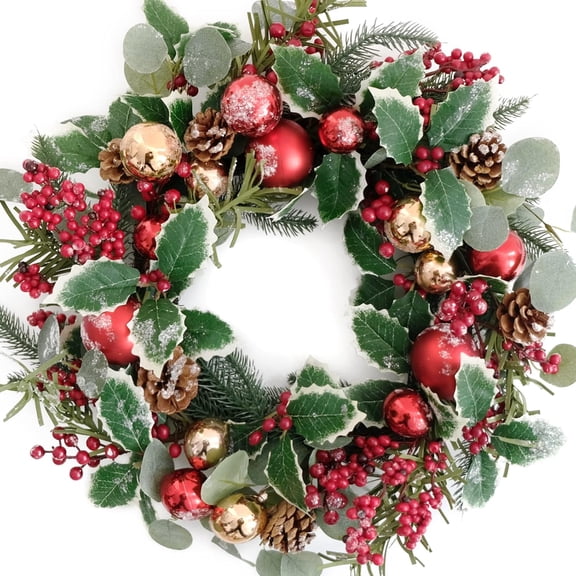 20Inch Christmas Wreath for Front Door - Winter Green Wreath with Holly, Berries, Red and Gold Christmas Balls, Eucalyptus, Pinecones, Xmas Home Decor