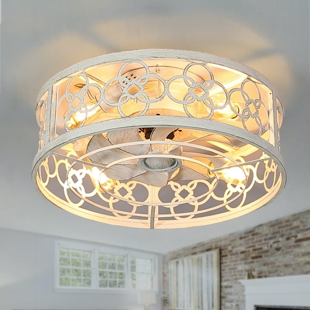 20Inch Distressed White Flush Mount Ceiling Fan, 3-Speed Classic Round