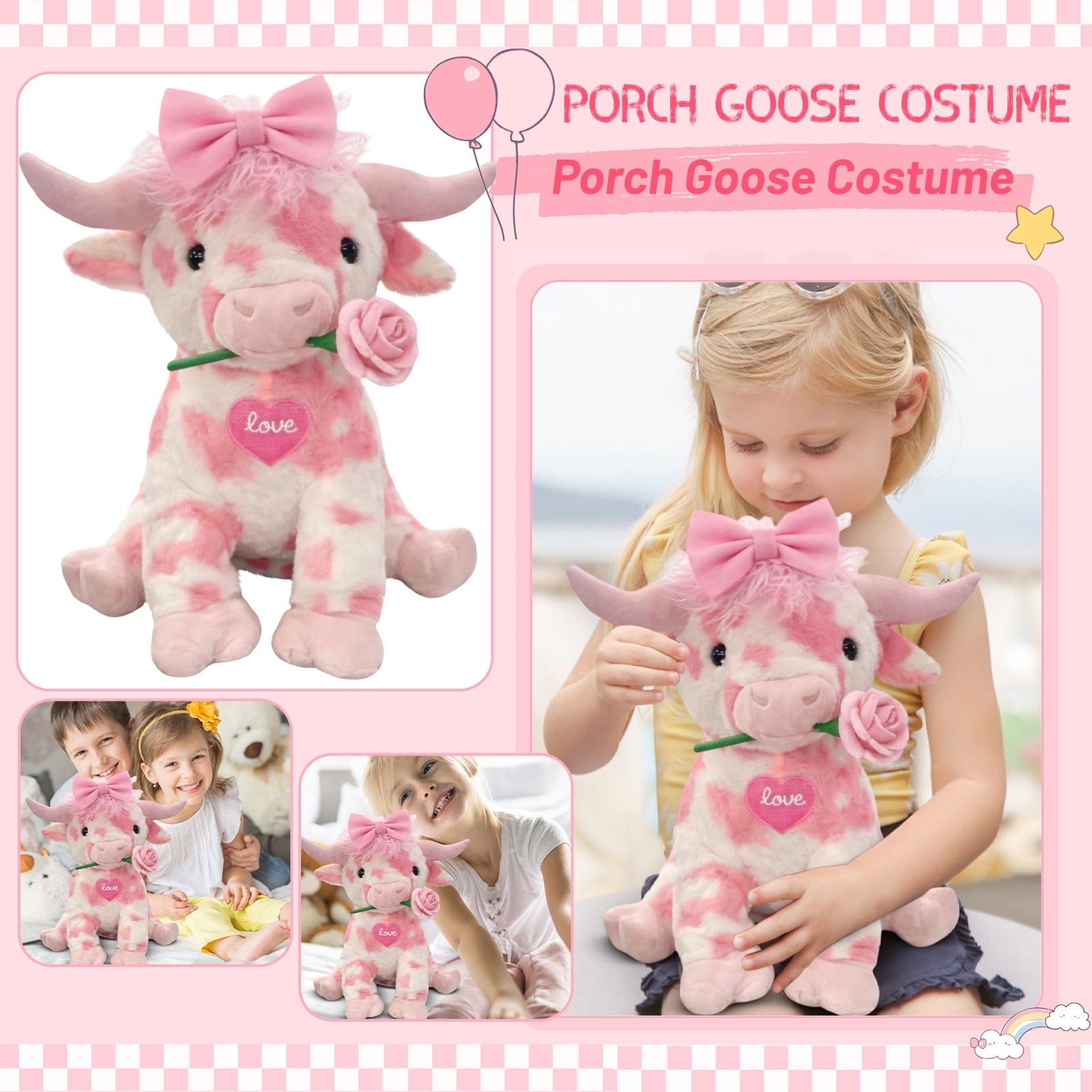 20Inch Kawaii Pink Cow with Rose Stuffed Animals Plush Toy, Soft Plush Doll, Perfect Birthday Christmas Valentines Anniversary Easter Holiday Gifts, Easter Basket Stuffers