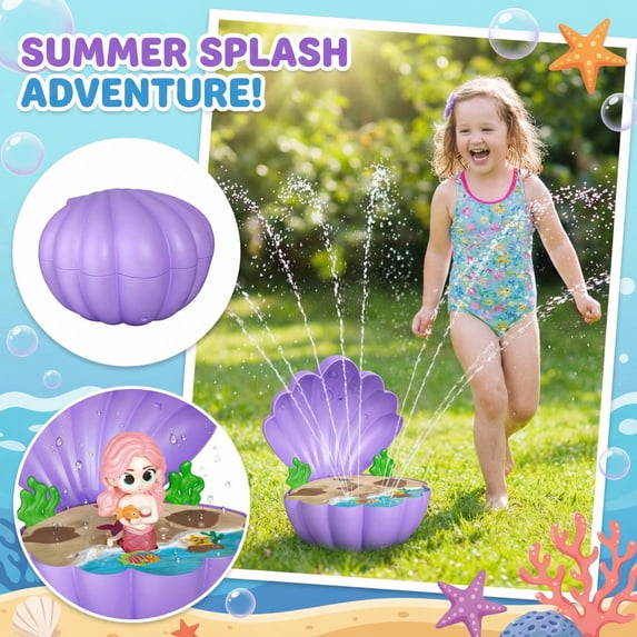 20Inch Mermaid Shell Sprinkler Splash Toy with Stake, Durable Plastic Outdoor Water Play Toy, Fun Backyard Sprinkler Toy for Summer Cooling, Family Outdoor Activities, Pool Parties