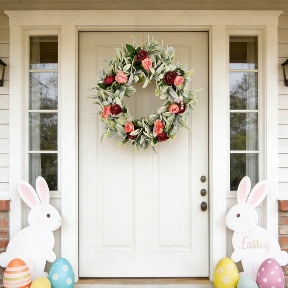 20Inch Spring Summer Front Door Wreath with Green EucalyptusLeaves Flower Elegant ArtificialWreath Welcome Sign Easter Valentines Mother's Day Wreath for Home Window Porch Porch Indoor Outside Decor