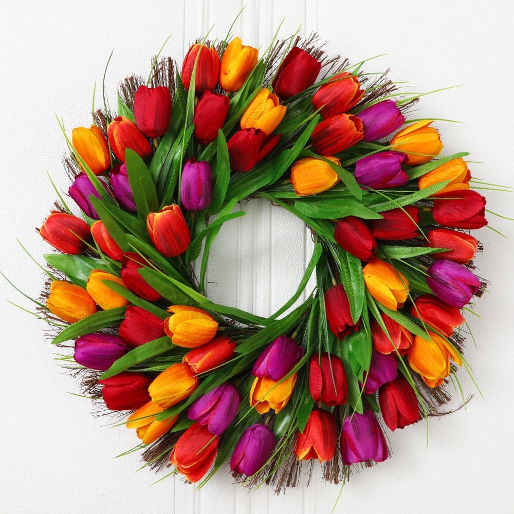 U'Artlines 20 Inch Pink Tulip Wreath - Silk Flower Spring Summer Wreath For Front Door, Wall, Window, Wedding Decor