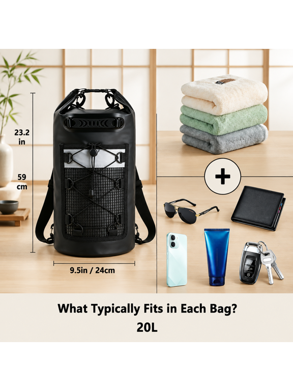 20L Black Roll-Top Waterproof Dry Backpack For Kayaking Hiking Water Sports