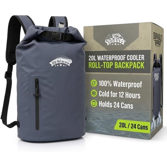 20L  Cooler Roll Top Backpack Sack, Heavy-Duty Soft Insulated Bag Doubles as Dry Bag, Holds 24 Cans...14+ with ice, Ideal for Boating, Fishing, Kayaking, Hiking, Beach, Camping