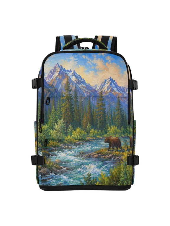 20L Mountain Bear Landscape Travel Backpack Water Resistant Twill Polyester Laptop Backpack with Separate Shoe Compartment for Business Commute Trip Outdoor
