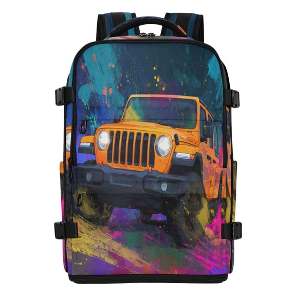 20L Neon Jeep Illustration Travel Backpack Water Resistant Twill Polyester Laptop Backpack with Separate Shoe Compartment for Business Commute Trip Outdoor