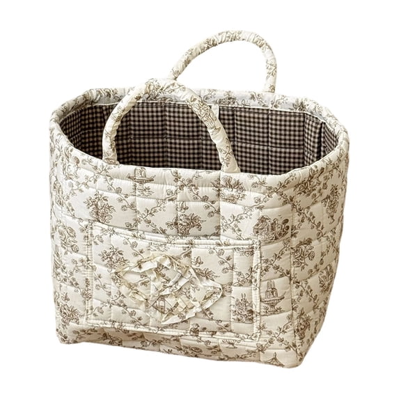 20L Quilted Fabric Storage Basket with Handles & Pocket, Foldable Laundry Hamper Boho Floral Print Organizer Bin for Home, Picnic, Office 12"x10"x10"