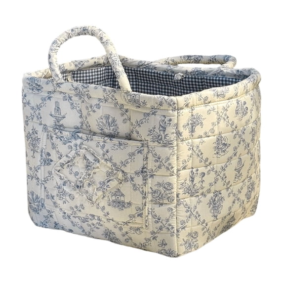 20L Quilted Fabric Storage Basket with Handles & Pocket, Foldable Laundry Hamper Boho Floral Print Organizer Bin for Home, Picnic, Office 12"x10"x11"