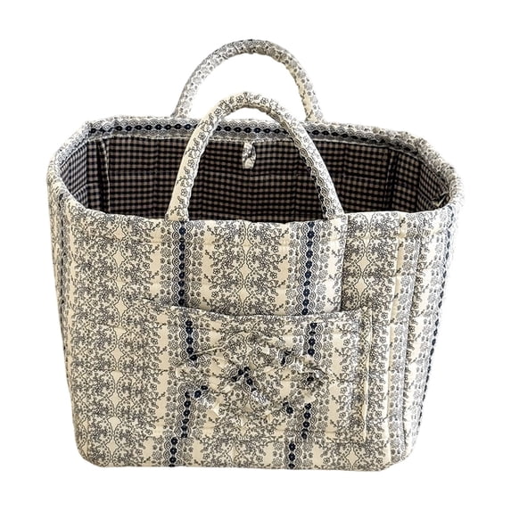 20L Quilted Fabric Storage Basket with Handles & Pocket, Foldable Laundry Hamper Boho Floral Print Organizer Bin for Home, Picnic, Office 12"x10"x13"