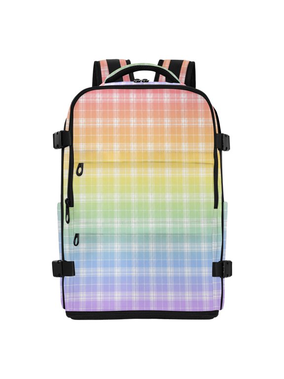 20L Rainbow Ombre Plaid Design Travel Backpack Water Resistant Twill Polyester Laptop Backpack with Separate Shoe Compartment for Business Commute Trip Outdoor