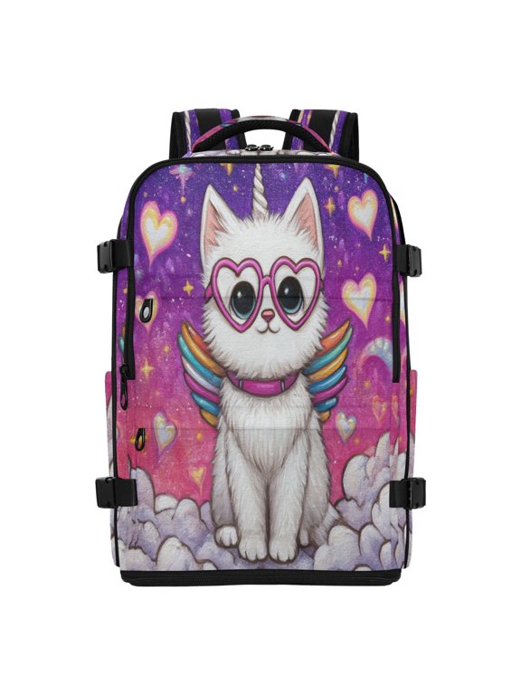 20L Rainbow Wing Caticorn Print Travel Backpack Water Resistant Twill Polyester Laptop Backpack with Separate Shoe Compartment for Business Commute Trip Outdoor