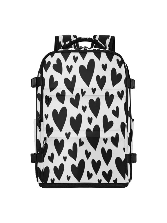 20L Repeat Black Heart Pattern Travel Backpack Water Resistant Twill Polyester Laptop Backpack with Separate Shoe Compartment for Business Commute Trip Outdoor