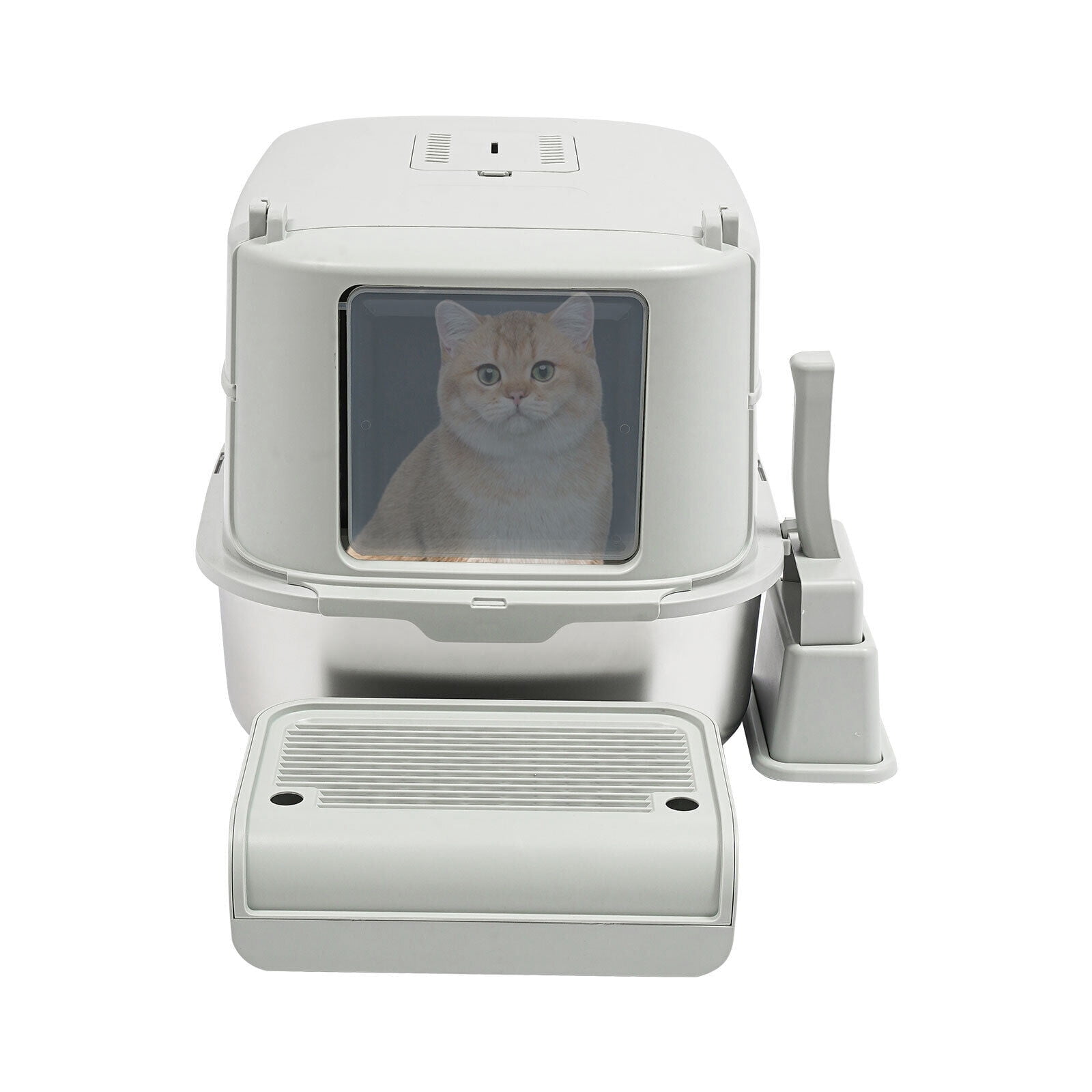20L Stainless Steel Cat Litter Box - Enclosed/Semi-Open Design with Splash Guard & Deodorizer Compartment (Fits Cats Up to 22lbs)
