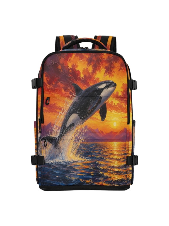 20L Sunset Ocean Orca Painting Travel Backpack Water Resistant Twill Polyester Laptop Backpack with Separate Shoe Compartment for Business Commute Trip Outdoor