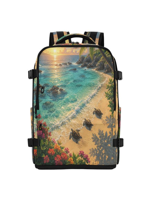 20L Tropical Shore Sunset Turtles Travel Backpack Water Resistant Twill Polyester Laptop Backpack with Separate Shoe Compartment for Business Commute Trip Outdoor