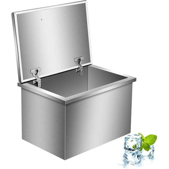 20L x 14W x 13H Inch Stainless Steel Drop-in Ice Chest with Hinged Cover, 36.3 Quarts Capacity, Silver