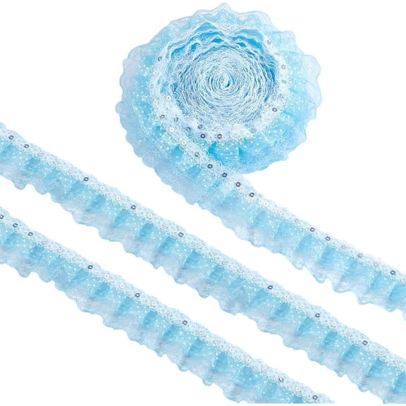 20M 1 3/4 Inch Ruffled Lace Trim Blue Ruffle Pleated Fabric Applique Trimming Organza Sheer Print Dot Sequin Beaded Gathered Ribbon Bulk