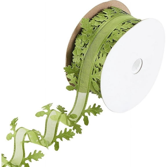 20M Christmas Theme Polyester Ribbon Leaf Trimming Lace Ribbon Green 1-5/8 inch(40mm) about 21.87 Yards(20m)/Roll