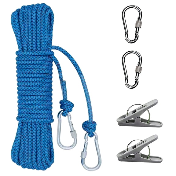 20M Heavy Duty Clothes Line, Weatherproof Outdoor Clothes Line for Drying, Clothesline with Hook and Clip, Suitable for Travel and Camping, Blue