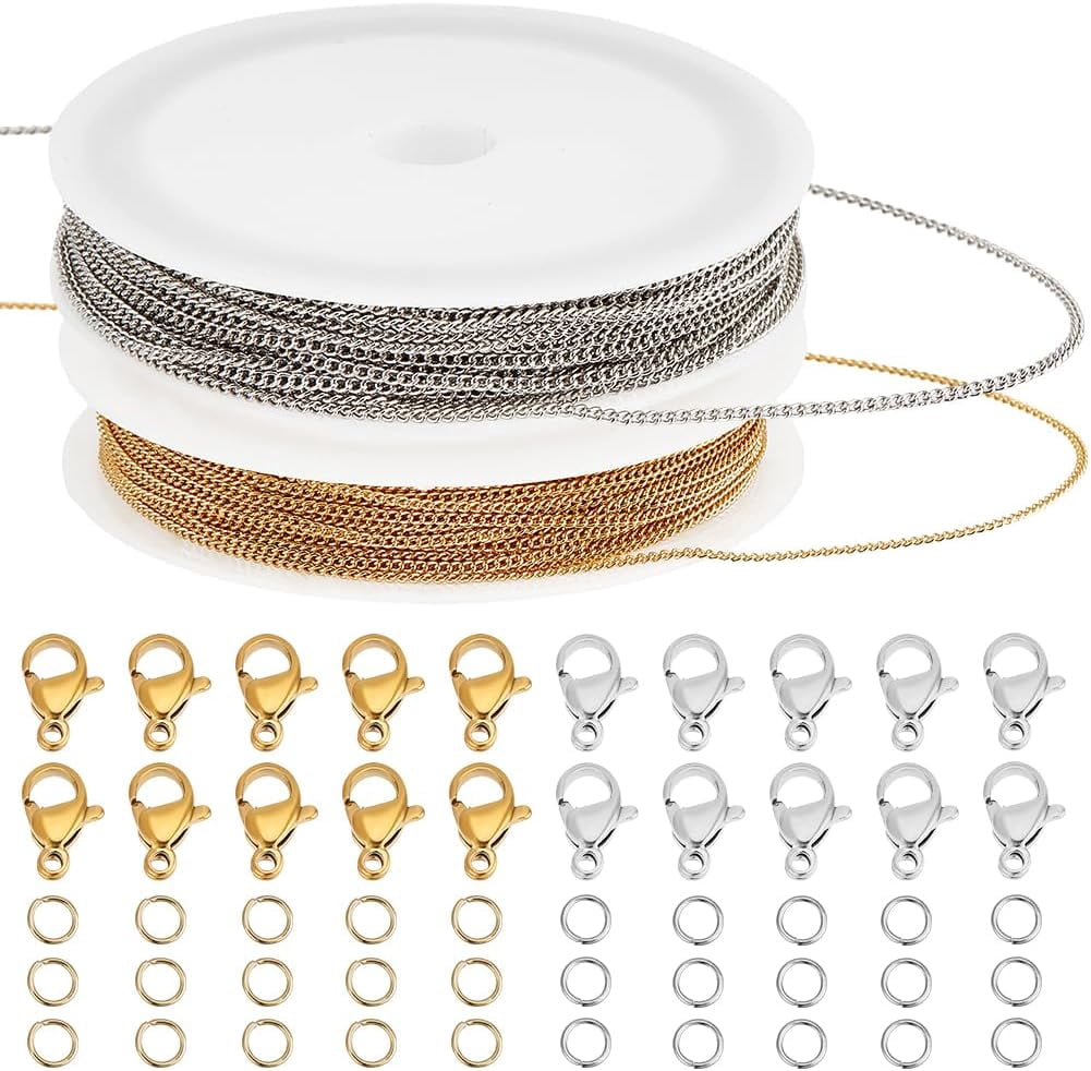 20M Link Cable Chains 18K Gold Plated Brass Jewelry Chains with 304 Stainless Steel Jump Rings & Lobster Clasps for Making Bracelets DIY Craft (Gold/Silver)