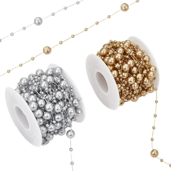 20M Wedding Garland Bead Gold Pearl Strands White Plastic Round Artificial Pearl String Bead Centerpieces Roll Tree Strand Decoration Small Silver Bead Chain for Home Outdoor Party Decor