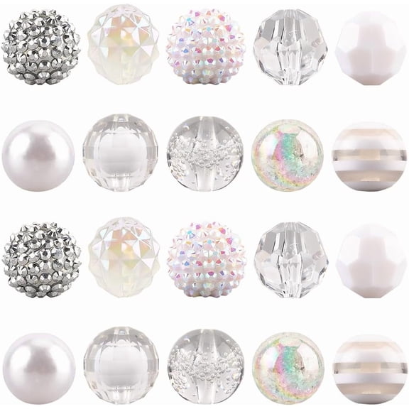 20MM 20PCS 10 Styles White Bubblegum Chunky Beads Round Acrylic Resin Rhinestone Pearl Faceted Loose Spacer Bead Bulk DIY