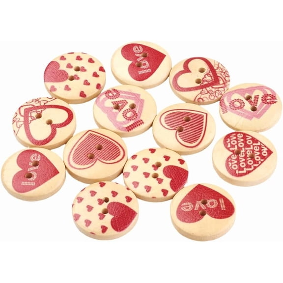 20MM 50Pcs 2 Holes Painted Wooden Buttons Heart Pattern Printed Natural Buttons Round Red Print Wood Sewing Buttons Bulk