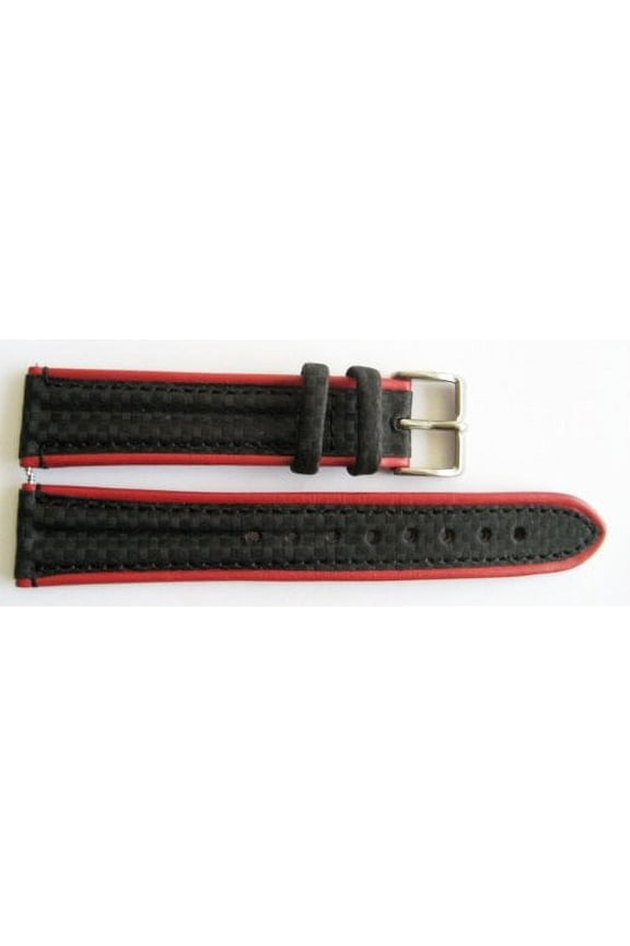 20MM BLACK RED GENUINE LEATHER CARBON FIBER SPORT WATCH BAND STRAP