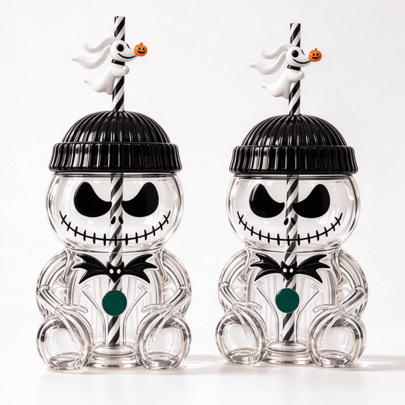 20OZ Christmas Horror Nightmare Night Glass Cup with Straw, Nightmare Jack Clear Tumbler with Beanie Hat Lid and Scarf, Cute Novelty Drinkware, Christmas Jack Clear Glass Cup Collectibles Gifts -2PCS
