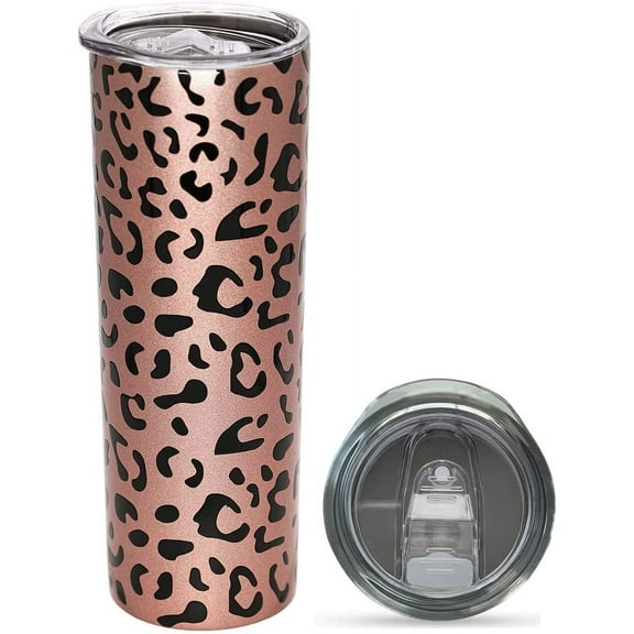 20OZ Leopard Tumbler, Cheetah Print Gifts for Women Leopard Coffee Cugs with Lid, Rose Gold Stainless Insulated Thermal Skinny Cup Leopard Gifts for Women Mom