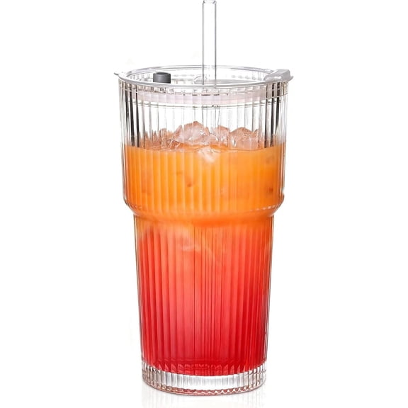 20OZ Ribbed Glass Cups with  and Straws,Iced Coffee Cups with Lid, Glasses Tumbler Glassware for    Juice(1PCS)