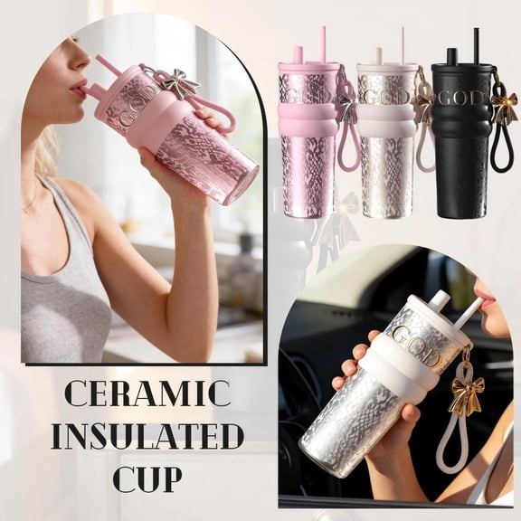 20Oz Luxury Stainless Steel Lined Tumbler, Double-Lid Dual-Use Glitter Cup With Portable Lanyard, Elegant Gift In Gift Box, Leakproof Straw Cup For Daily Hydration, Office,