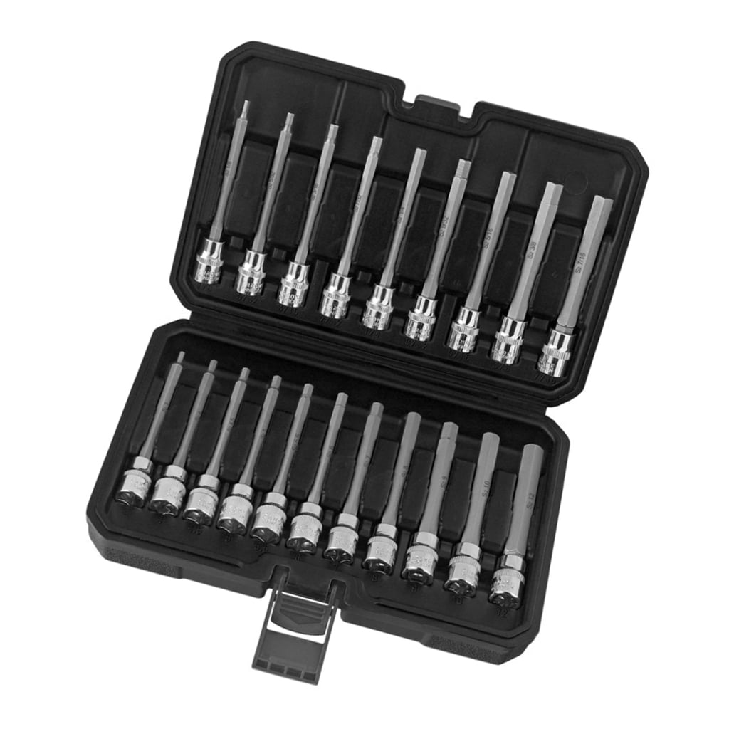 20PC 3/8" Drive Extended Long Allen Hex Bit Sockets Set Metric 3mm 12mm British 1/8" 7/16" Storage Case Included