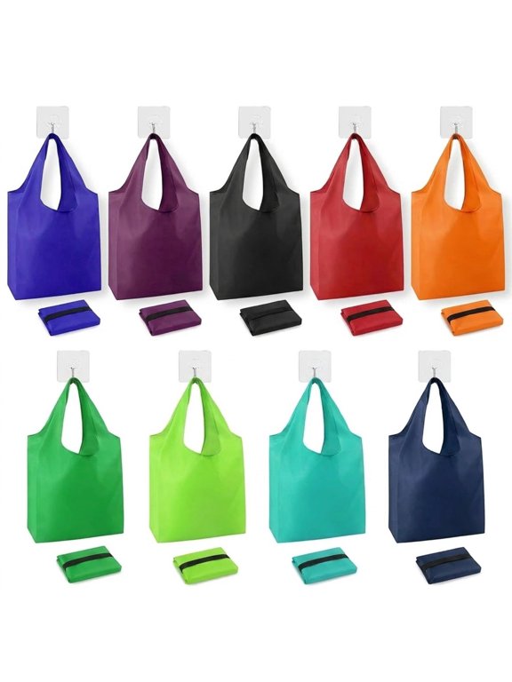 20PC Foldable Reusable Grocery Bags Bulk Set – 10 Large Zipper Totes & 10 Adhesive Hooks, Washable Polyester Shopping Bags for Gifts & Organization