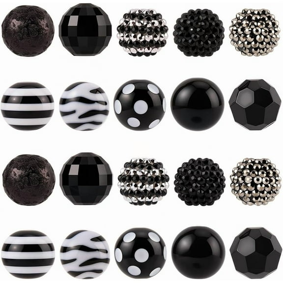20PCS 10 Styles Black Assorted Acrylic Resin Beads Rhinestone Faceted Round Zebra Pattern Mixed Ball Spacer Charms Loose Bead Bulk