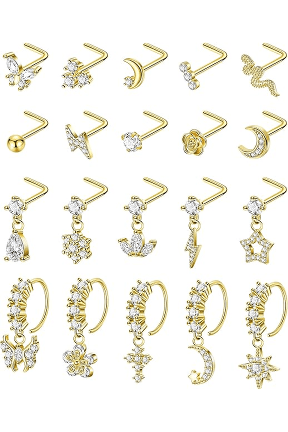 20PCS 20G Surgical Steel Dangle Nose Rings for Women L Shaped Nose Studs Dangling Nose Rings Hoops CZ Flower Butterfly Moon Nose Piercing Jewelry