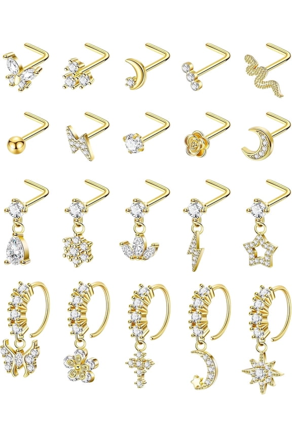 20PCS 20G Surgical Steel Dangle Nose Rings for Women L Shaped Nose Studs Dangling Nose Rings Hoops CZ Flower Butterfly Moon Nose Piercing Jewelry