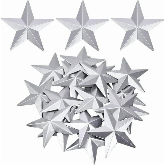 20PCS 3.5 Inch Galvanized Metal Stars Vintage Rustic Silver Primitive Stars Three Dimensional Christmas Tree Patriotic Ornament for Crafts Hanging Wall Holiday Wreath Decor Handmade Silver