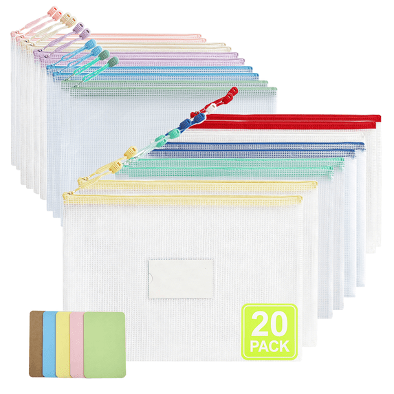 20PCS A4 Mesh Zipper Pouch Bag with Label Pocket, A4 Size Waterproof ...