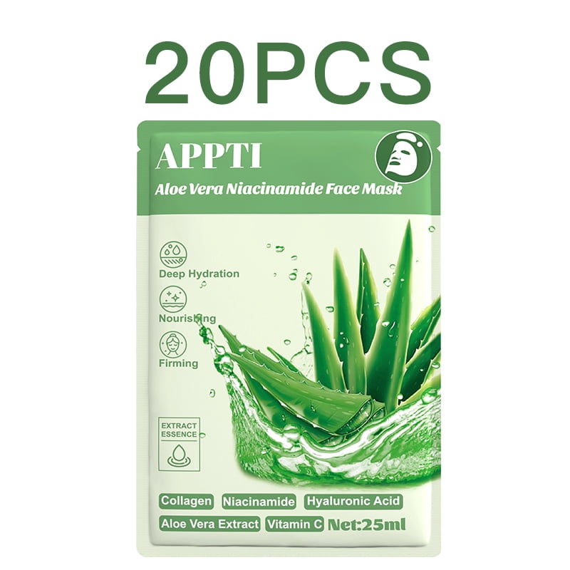 20PCS APPTI Aloe Vera Niacinamide Face Mask – Soothing & Brightening Treatment for Calming Irritation, Minimizing Pores & Balancing Tone for a Clear, Even & Hydrated Complexion.
