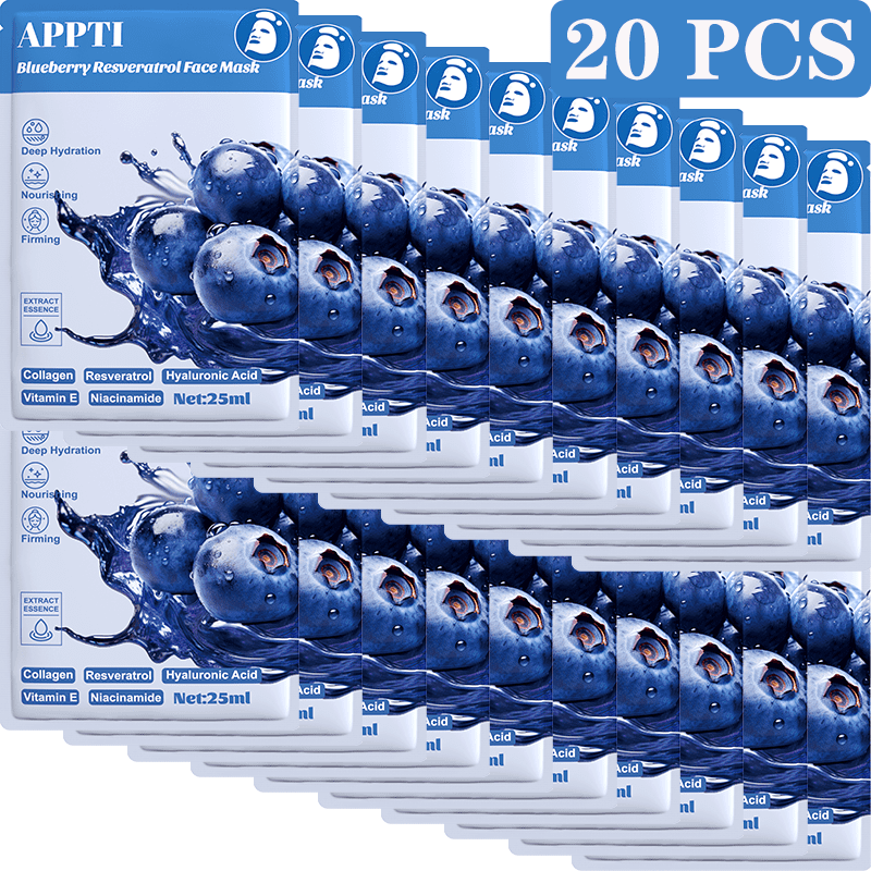 20PCS APPTI Blueberry Resveratrol Face Mask – Antioxidant & Revitalizing Treatment for Youthful Defense, Brightening Dull Skin & Enhancing Radiance with Berry Power.