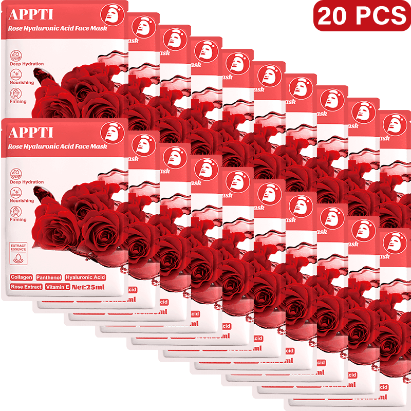 20PCS APPTI Rose Hyaluronic Acid Face Mask – Hydrating & Soothing Treatment with Rose Extract for Plump, Nourished & Calm Skin with a Dewy, Healthy Glow.