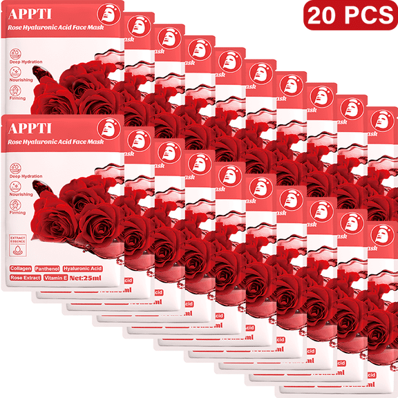 20PCS APPTI Rose Hyaluronic Acid Face Mask Hydrating & Soothing Treatment with Rose Extract for Plump, Nourished & Calm Skin with a Dewy, Healthy Glow.
