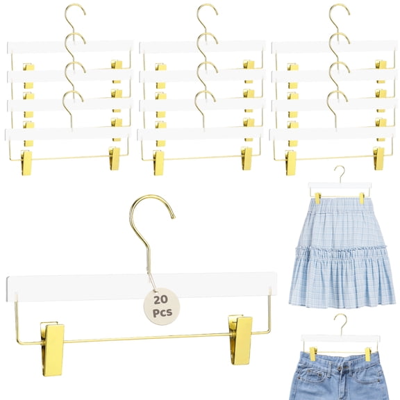 20PCS Acrylic Hangers with Clips, 13.4" Clear Gold Hangers with Adjustable Clips, Space Saving Skirt Dress Hanger Pants Hangers with Clips for Closet Organization