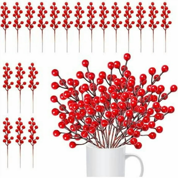 20PCS Artificial Christmas Red Berries Red Berry Branches Artificial Holly Berries Fake Plastic Red Berries Stem Small Red Berries for Christmas Tree, Wreath, Wedding