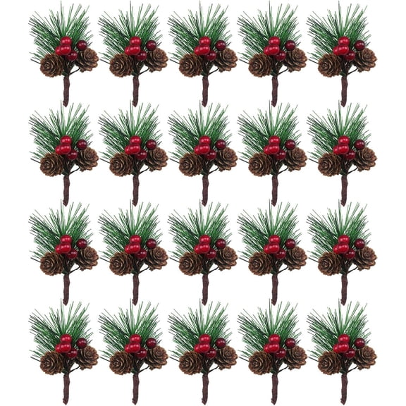 20PCS Artificial Pine Picks Small Pine Tree Plants Red Pinecones for Christmas Flower Arrangements Wreaths and Holiday Decorations