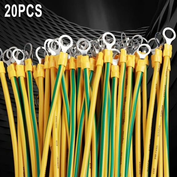 20PCS BVR Solar PV Ground Wire with Terminals - 10/12/14 AWG Flexible Copper Ground Cable for Solar Panels, Yellow Green