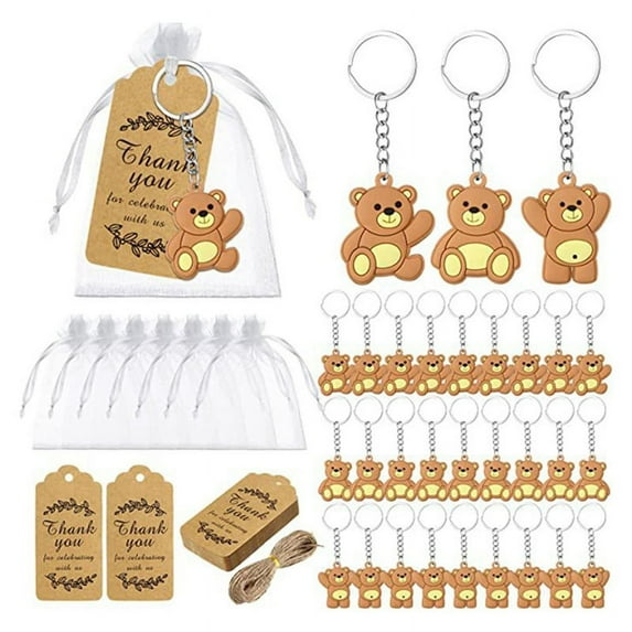 20PCS Baby Shower Souvenirs Gift Bear Keychain Organza Bag Thank You Tag for Guests Girl Boy Birthday Supply